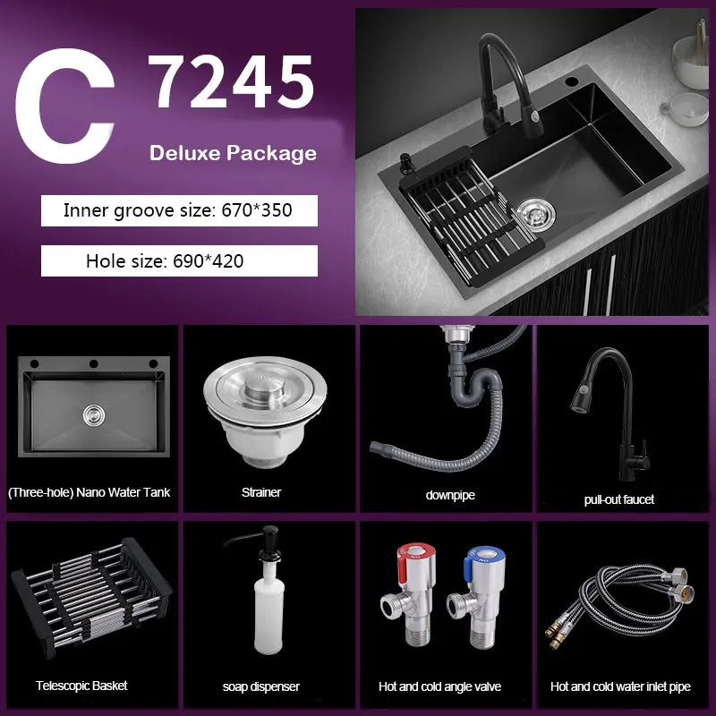 kitchen sink Black nano-sink single-slot household hand-washing basin kitchen large 304 stainless steel sink sink bowl