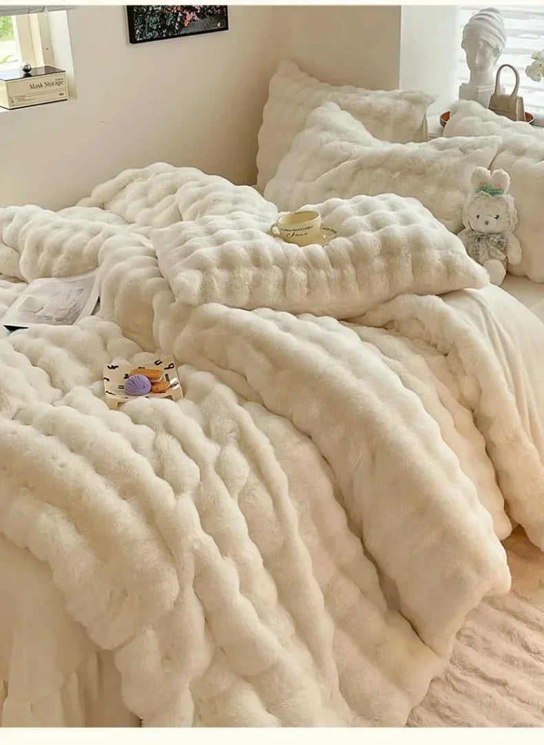 4pcs Grey Rabbit Fur Bedding Set Thick Milk Plush Winter Duvet Cover Warm Bed Sheets, Queen Size Four Piece Set  Bedroom Decor.