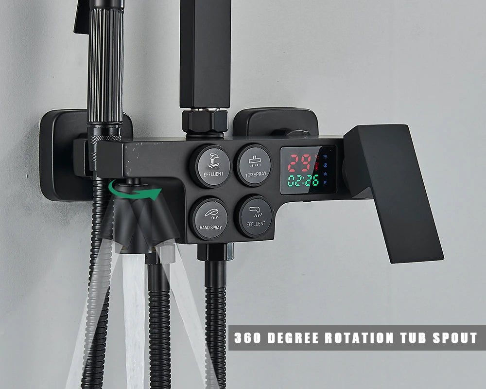 Black Thermostatic Shower Faucet Set For Bathroom Smart Display Hot Cold Water Mixer Tap Wall Mounted Rainfall System With Bidet