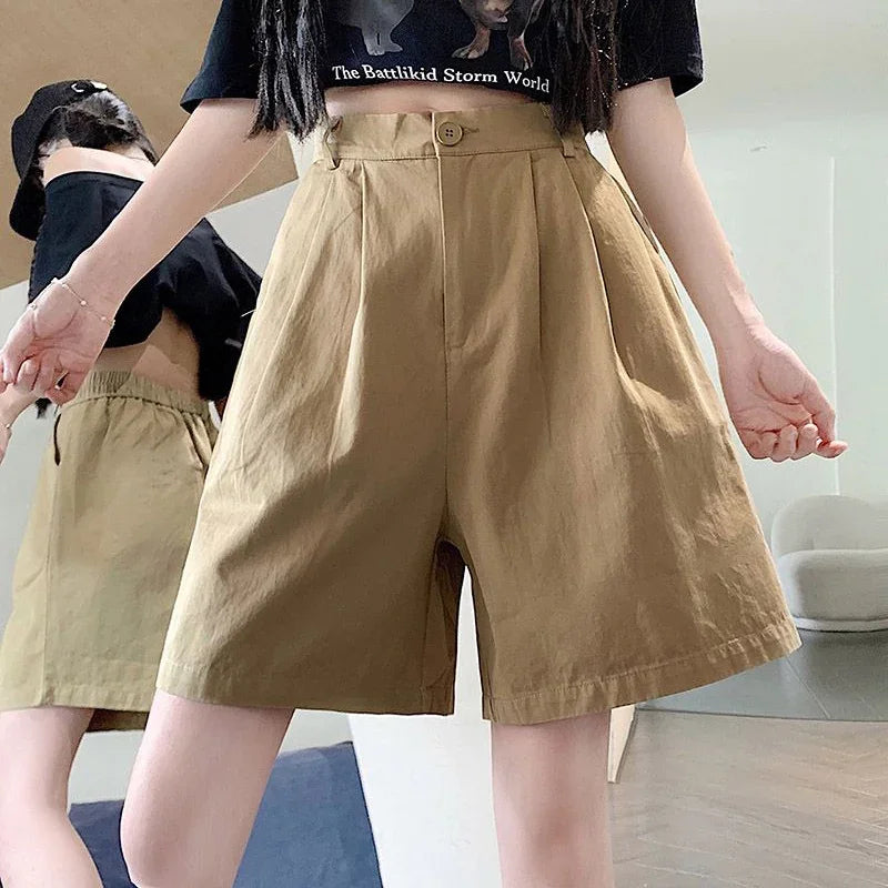 2025 Summer Women Casual Daily Khaki Short Pants Female High Waisted Cargo Shorts Girls Retro Baggy Wide Leg Slacks.