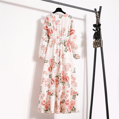 Frühling Sommer Frauen Maxi Kleider Casual Volle Hülse Floral Gedruckt Oansatz Frau Bohe Strand Party Lange Kleid Mujer Vestidos.