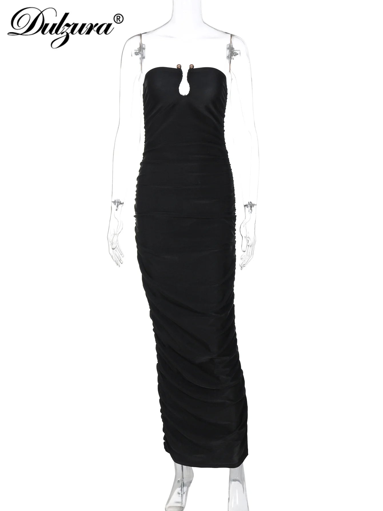 Dulzura ärmelloses, trägerloses, plissiertes Maxikleid mit Knopf, sexy, elegantes langes Kleid für Damen, Party, Club, Büro, Frühling und Sommer.