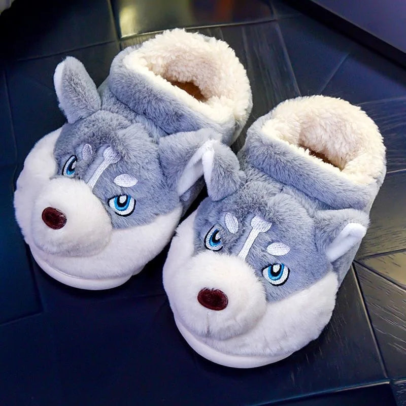 Women Indoor Cotton Slippers Cute Cartoon Dog Winter Warm Shoes Couples Home Floor Slides Anti-slip  Female Male House Footwear.