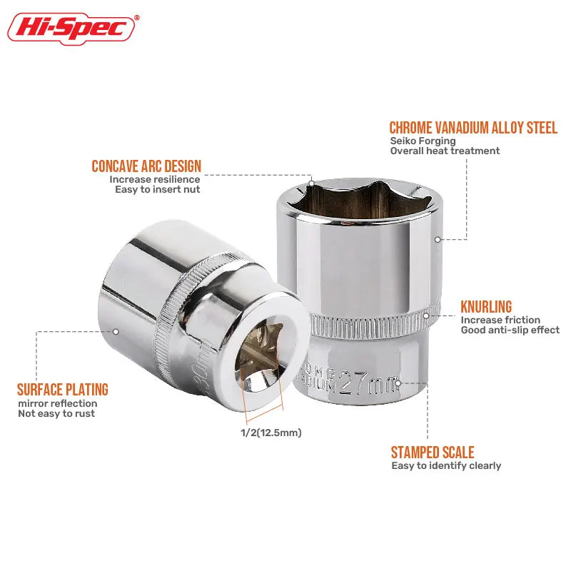 Hi-Spec 1/2" Drive Impact Socket Set Impact Wrench Sockets Cr-mo Hex Sockets CR-V  Handwerkzeuge zum Entfernen großer Innensechskantmutter