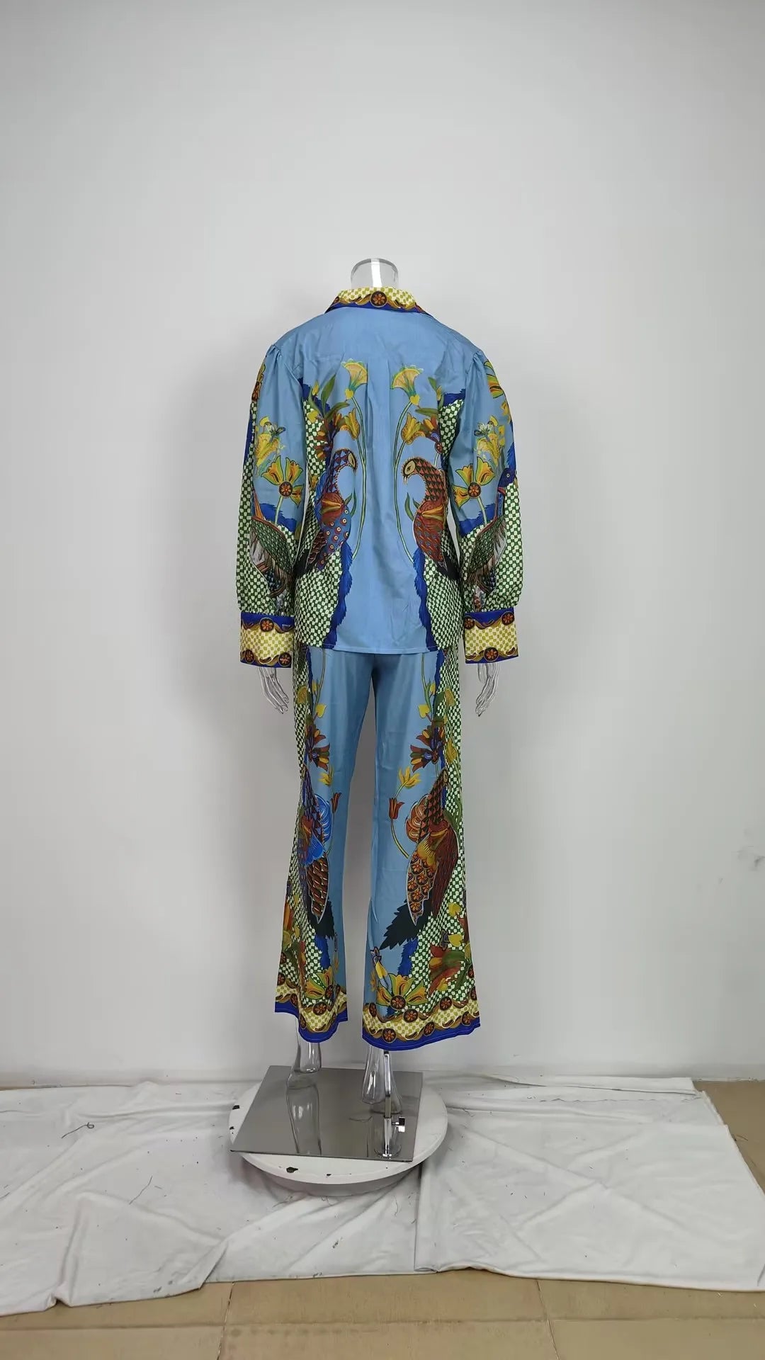 Autumn Women Bohemian Print Lapel Button LongSleeve Shirt+Loose Wide Legs Trousers Set Conjunto Dos Piezas Mujer Elegante Casual.