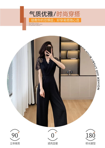 LYX High-Cold Lady Style Romper Women Summer Short Sleeve High Waist Lace Splicing Hollow out One-Piece Straight Leg Pants.