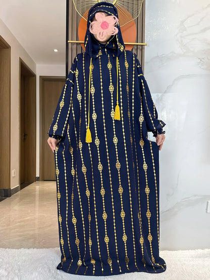 High Grade Cotton Fabric Ramadan Muslim Two-Hat Abaya Dubai Turkey Islam Prayer Clothes Gold Dust Dress Islam Women Dress Kaftan