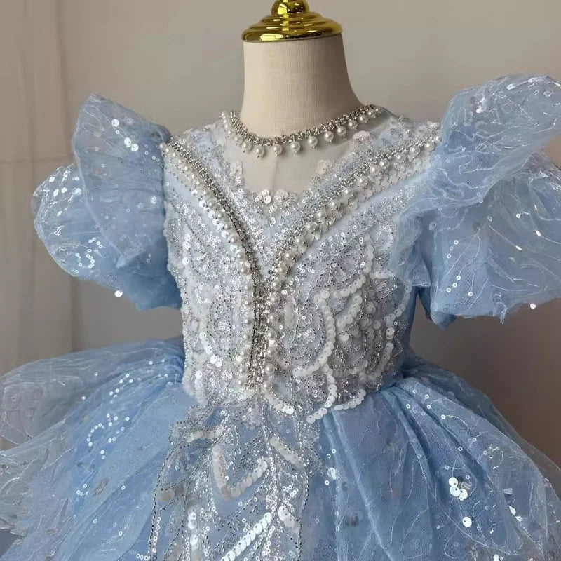 Mädchen Kleid 2025 Neue Frühling Elsa Baby Prinzessin Kleid Puffy Tüll Blau Geburtstag Kleine Host Leistung.