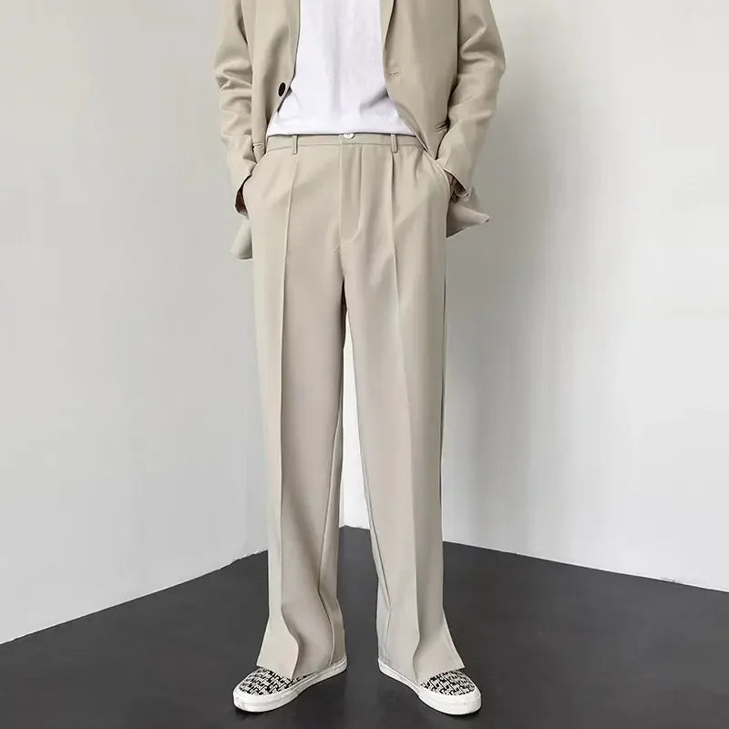 Men's Straight Baggy Casual Pants Korean Slit Personality Suit Trousers Fashion Formal Business Male Streetwear Gray Khaki Black