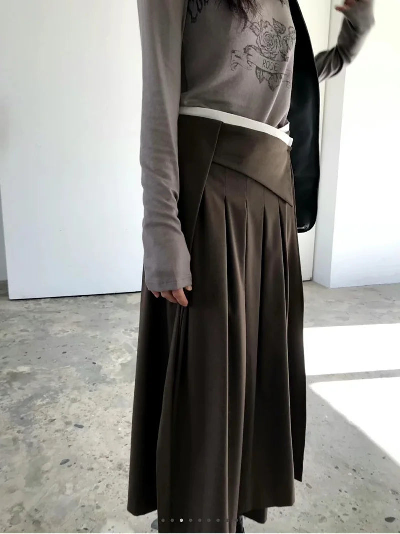 Elegant Pleated Midi Skirt Women Fashion Patchwork Asymmetrical Skirts Summer Office Ladies Korean Casual Design A Line Faldas.