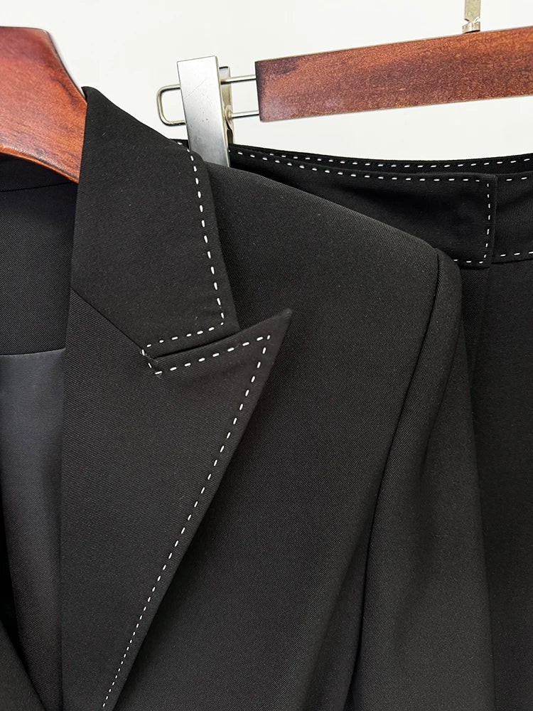 HIGH STREET Newest Fashion 2024 Designer Suit Set Women's Contrast Stitching Belted Blazer Pants Suit 2pcs.