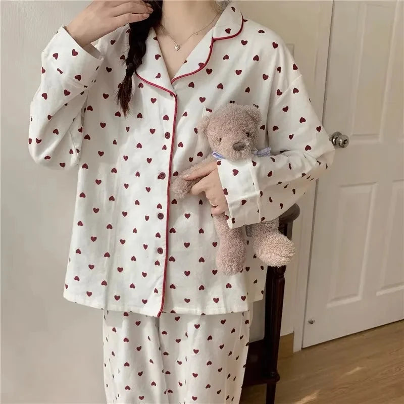 M-XXL Large Size Nightwear Women Sleepwear Autumn and Winter Cardigan Home Wear Peach Heart Long Sleeves School Silk Pajamas.