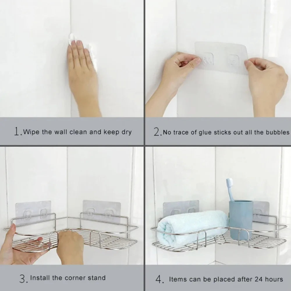 1PC Edelstahl Badezimmer Regal Kein Bohrer Wand Ecke Dusche Regal für Shampoo Lagerung Küche Organizer Zubehör