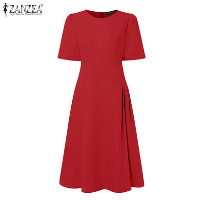 ZANZEA Elegante Büro Frauen Kleider Sommer Stilvolle Solide Party Arbeit Kleid Mode Kurzarm Plissee Vestidos Midi Sommerkleid.