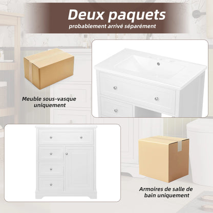 76 x 46 x 87 cm große Badezimmertheke, geräuscharme Schubladenführung, Klappschublade, Keramikwaschbecken, Keramikwaschmaschine, Weiß