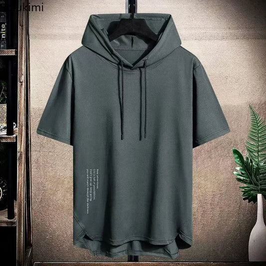 2025 Men's Summer Hoodies T-shirts Short Sleeve Solid Color Loose Hooded Drawstring Pullover Tops Basic Tees for Daily Wear Male.