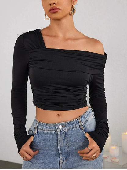 NewAsia Sexy Tight One Shoulder Top Long Sleeve Double Layer Crinkle Texture Asymmetrical Party Chic Blouse Women Fashion Tops