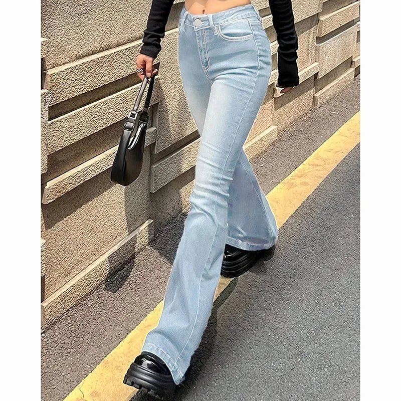 2025Mädchen Concise Ins Hohe Taille Ausgestellte Jeans Weibliche Stretchy Bootcut Denim Hosen Frauen Einfarbig Dünne Schlaghosen.