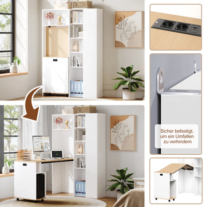 Klappbarer Schreibtisch mit Regalen – 2-in-1-Bücherregal und Schreibtisch, klappbar, mit Steckdose und USB-Anschluss, höhenverstellbare Regale
