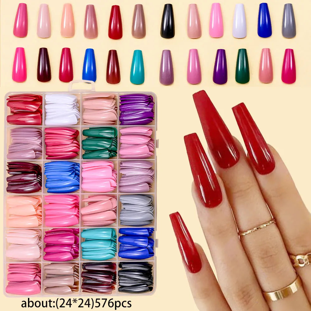 576Pcs/box Medium-Long Coffin Press On Nails Matte Full Cover Ballet False Nails Wearable Acrylic Fake Nails Extension For Women.