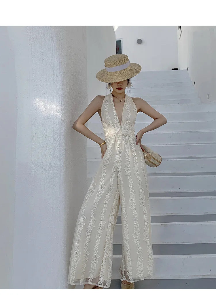 Women Beige Elegant Backless Pleated Lace Jumpsuit Summer V Neck Sleeveless High Waist Wide Leg Long Pant Rompers Sexy Club Chic.