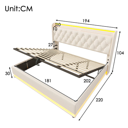 KOMHTOM Hydraulisches Lagerbett Weiß PU - 360-Surround-LED-Funktion, mit USB Typ-C Ladefunktion, ohne Matratze
