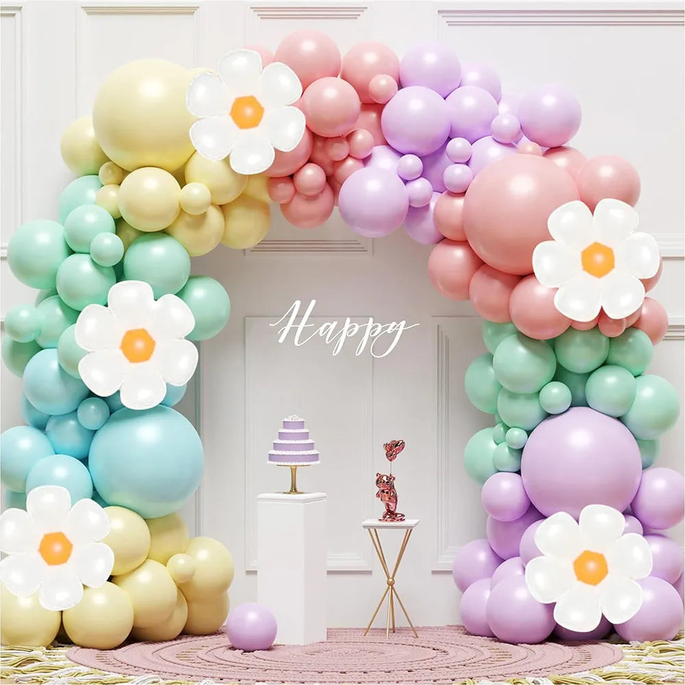 Gänseblümchen-Ballon-Girlanden-Bogen-Set, 136 Teile, weiß, modische Blumen, Macaron, Rosa, Gelb, Blau, Lila, Ballon, Geburtstag, Gänseblümchen-Thema, Hochzeit, zwei modische böhmische Party-Dekoration.