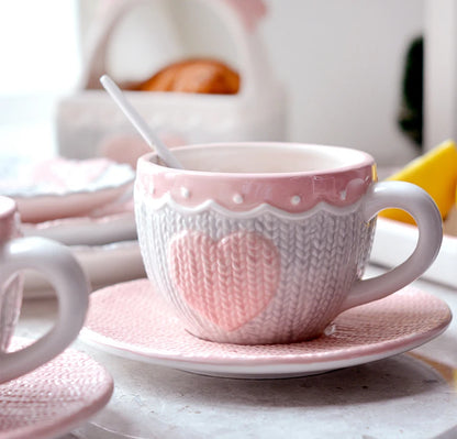 250ml Ceramic Tea Cup And Saucer Set Kawaii Bowknot Coffee Cup Dish Pink Wool Knitting Mug Microwave Safe.