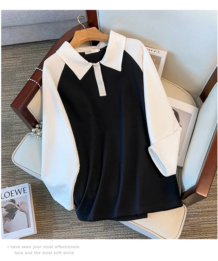 170kg plus size Damen büste Frühling Herbst loser Polo kragen kontrastieren des Sweatshirt schwarz lila 4xl 5xl 6xl 7xl 8xl 9xl