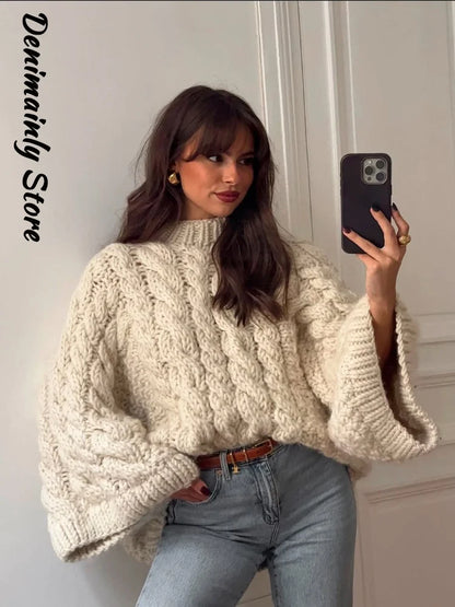 Casual Twists Stricken Oversize-Pullover Frauen Oansatz Lange Flare Hülse Lose Solide Pullover 2025, Herbst Winter Vintage Pullover.
