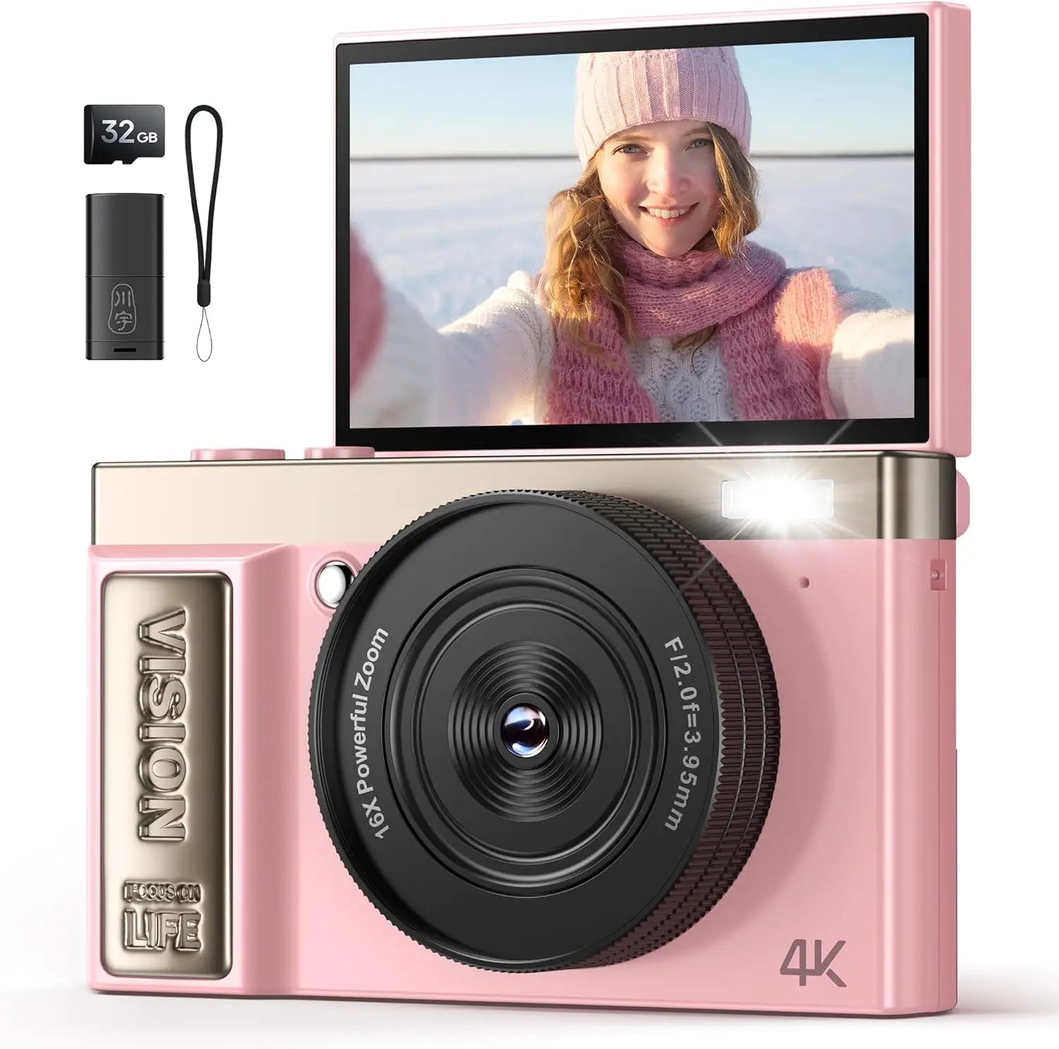 4K digital camera, 64 megapixel ultra high definition camera, 16x digital zoom 180 degree flip screen button digital camera, 32G.