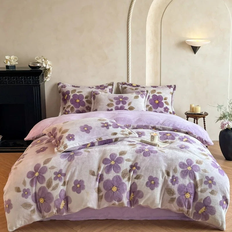 2025 new light luxury style high gram milk fleece 1.5m/1.8m bed four-piece printing warm bed sheet quilt cover