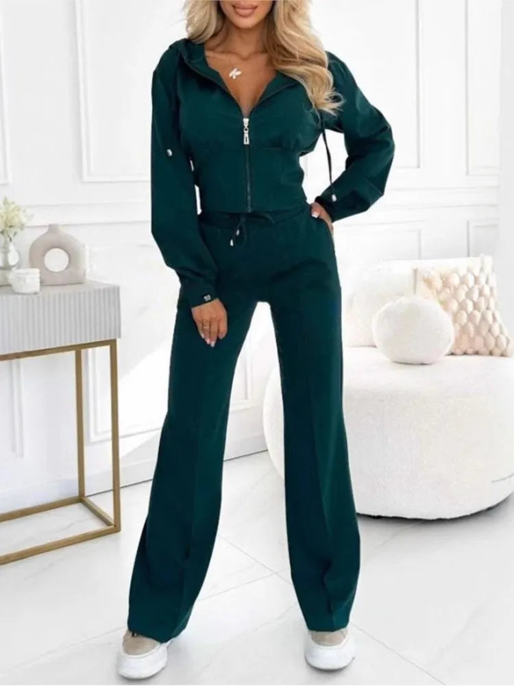 Women's Casual Set Fashion Sports Hooded Zip Tops+High Waist Wide Leg Pants 2 Piece Sets For Women Holiday Clothes Autumn Winter.