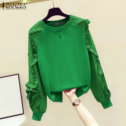 ZANZEA Plus Größe Frauen Solide Sweatshirts Herbst Rüschen Nähte Tops Vintage Oansatz Lässige Mode Lange Puff Sleeve Pullover.