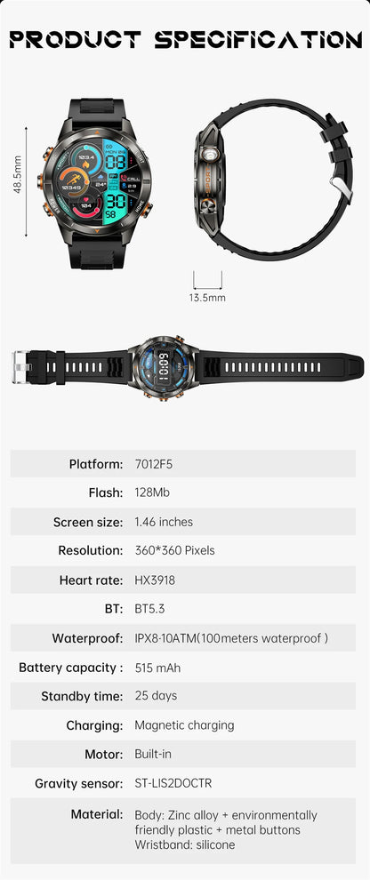 New Outdoor Sport Smart Watch Men 1.46" AMOLED Screen LED Flashlight 515mAh Battery 10ATM Waterproof Bluetooth Call Smartwatch.