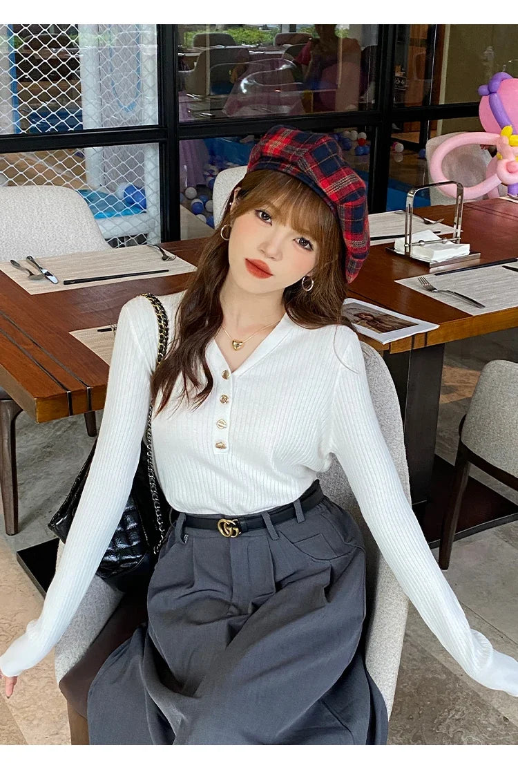 2025 Autumn Winter Women Sweaters Casual Slim Button Knitted Pullover Sweater Femme Basic Solid Jersey Tops Fashion Clothes