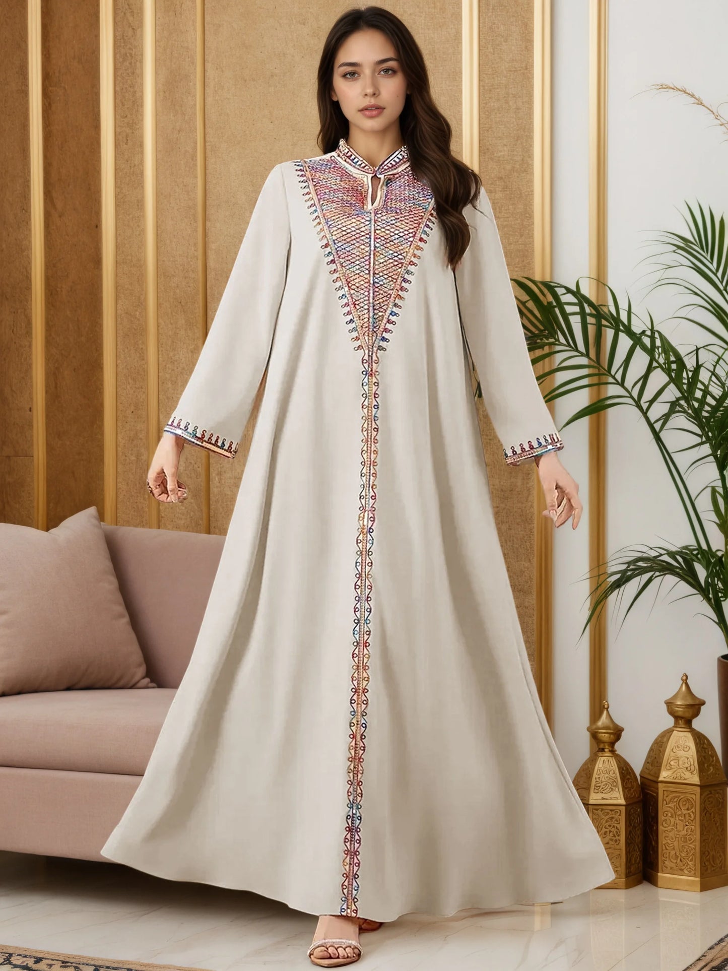 Trendy Muslim Abaya in Deep Blue Adorned with Intricate Multicolored Embroidery for Arabian Social Galas Modest Islam Fashion.