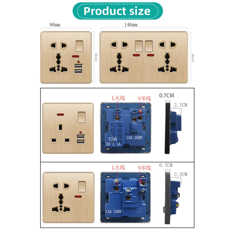 Gold 13A UK Stecker USB Steckdose, Haushalt elektrische licht schalter, universal 5 loch Dual Buchse mit USB Ladegerät, AC110-250V.