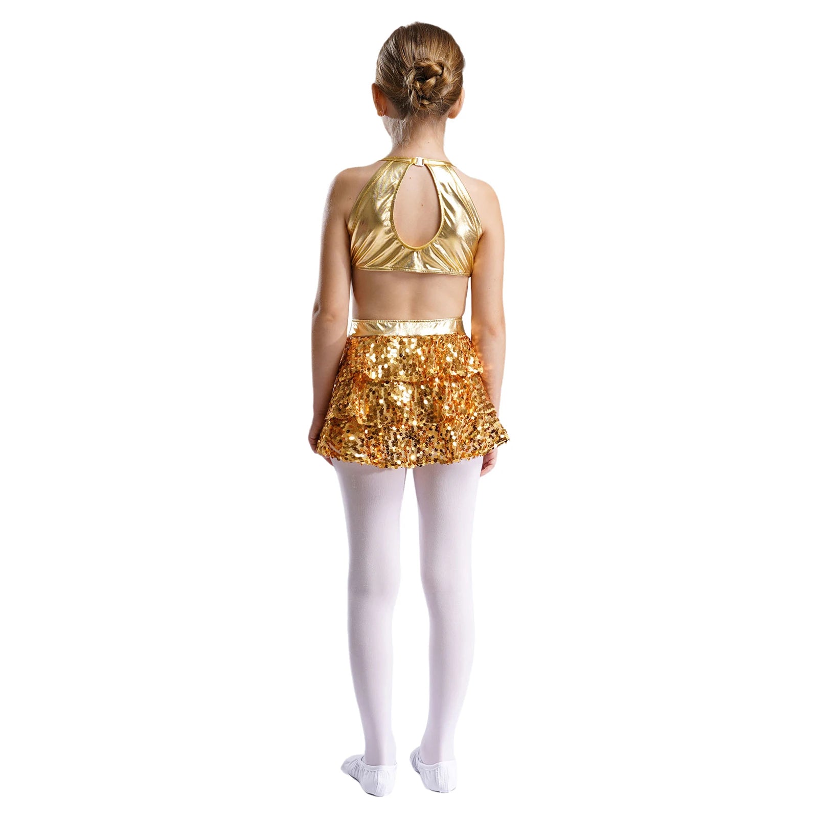 Kinder Mädchen Pailletten Jazz Ballett Tanzkleid Ärmellos Ausschnitt Tiered Rüschen Trikot Salsa Samba Rumba Skating Performance Kostüm.