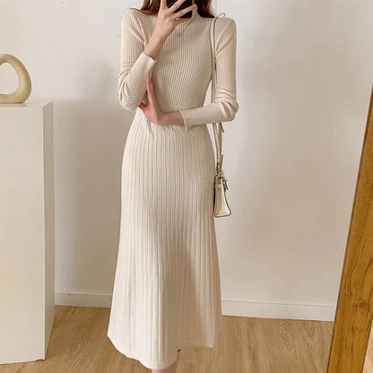 Herbst Winter 2023 Schlank Langarm Party Midi Kleid für Frauen Gestrickte Halb Hohen Kragen Elegante Gestrickte Pullover Kleider Damen