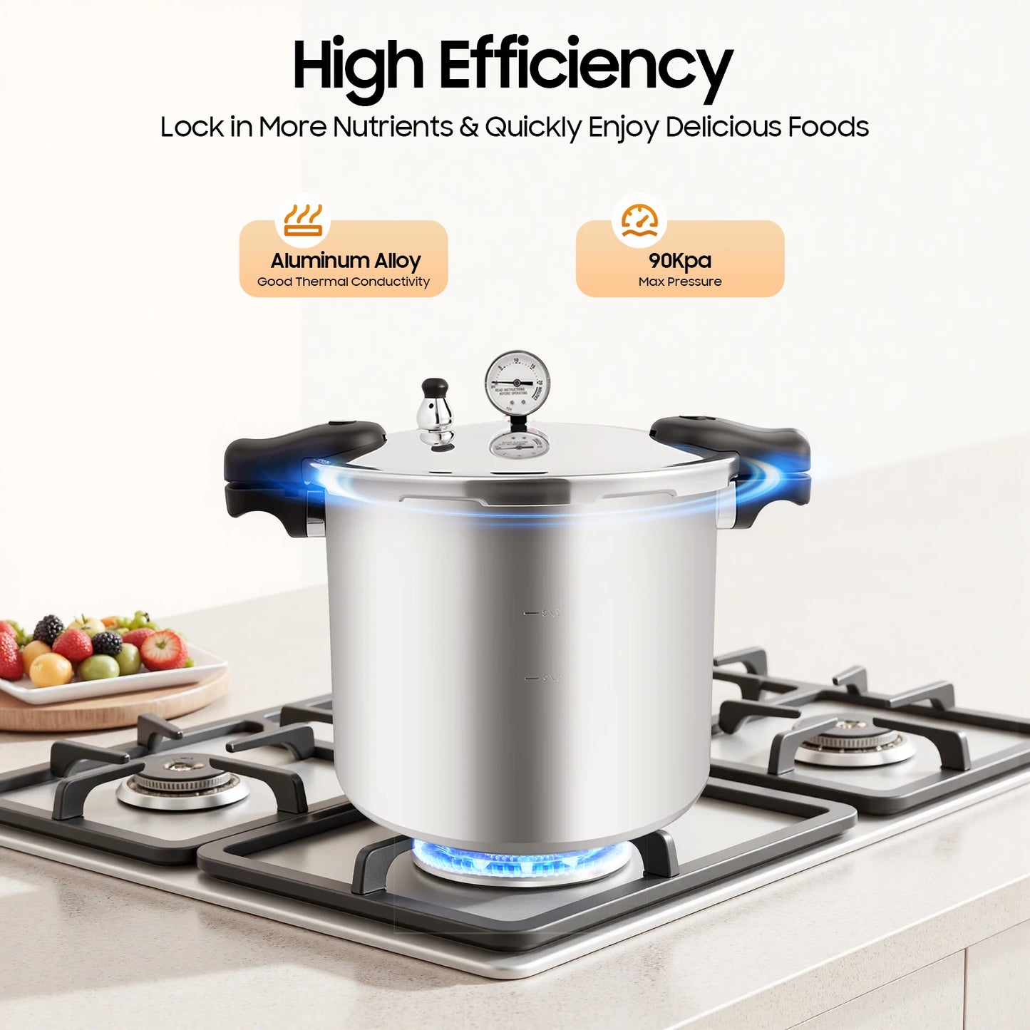 22L Thickened Explosion-proof Pressure Cooker Silver Aluminium Alloy Cylindrical 90Kpa High Pressure Pot with Outer Lid.