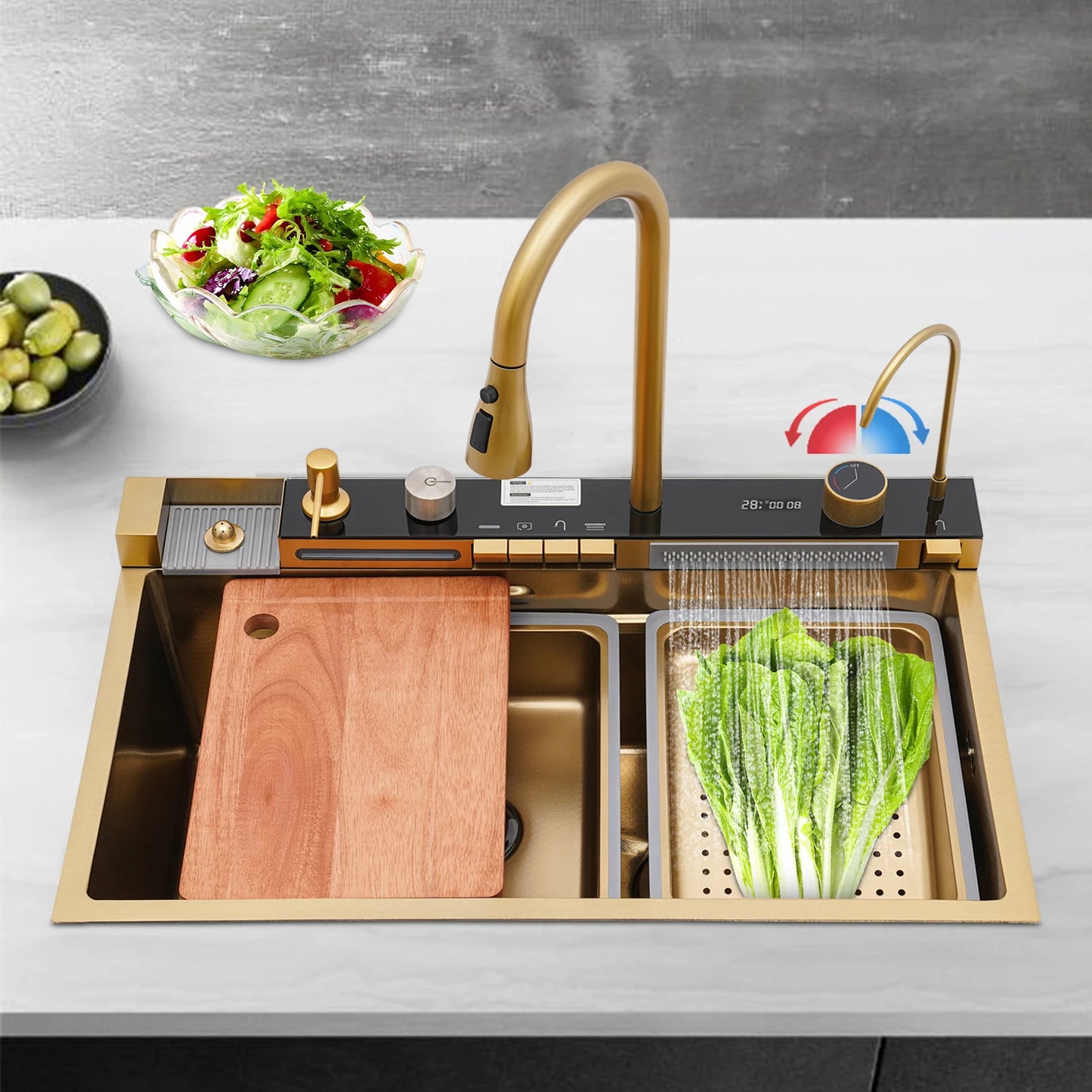 Wasserfall-Küchenspüle aus Edelstahl 304, 75 x 46 cm, multifunktionaler Wasserhahn mit digitalem Bedienfeld
