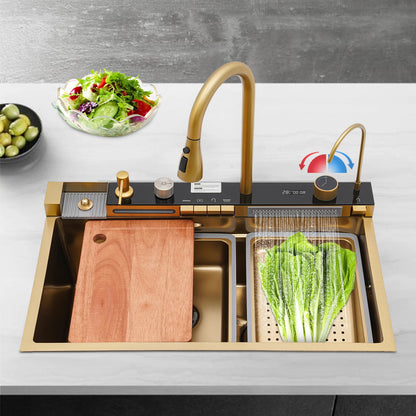 Wasserfall-Küchenspüle aus Edelstahl 304, 75 x 46 cm, multifunktionaler Wasserhahn mit digitalem Bedienfeld