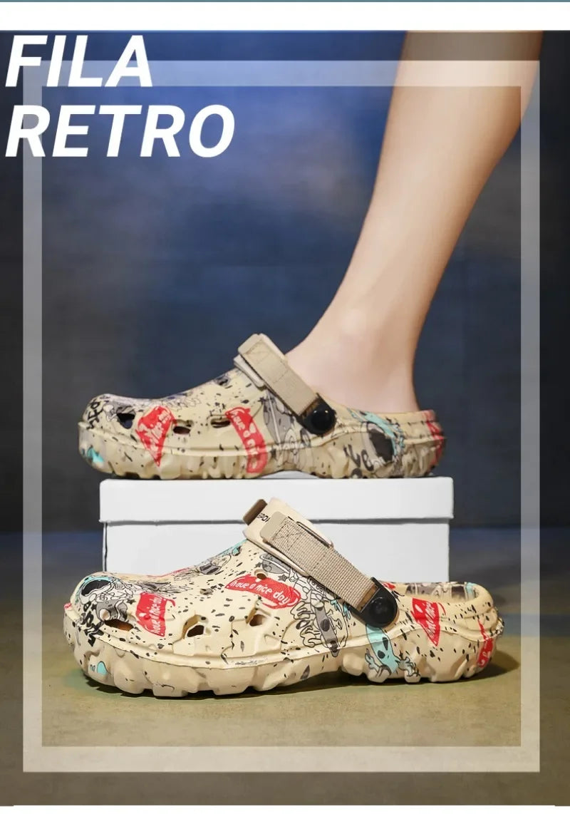 Plus Size 47 Men's Clogs 2025 Summer Sandals Beach Slippers Flat Sandals Men Leisure Slides Creative Printing Man Casual Shoes.