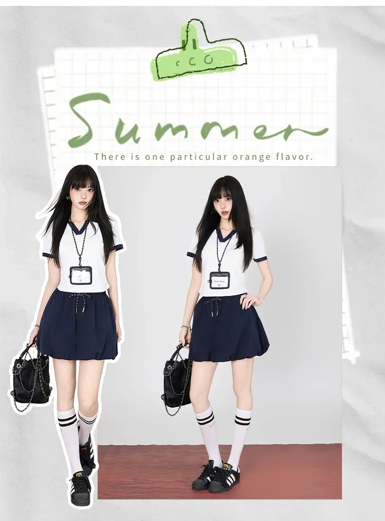 Korean College Style Half-length Shorts Floral Pants White Short-sleeved Set 2025 Versatile New Model Cotton V-neck T-shirt.