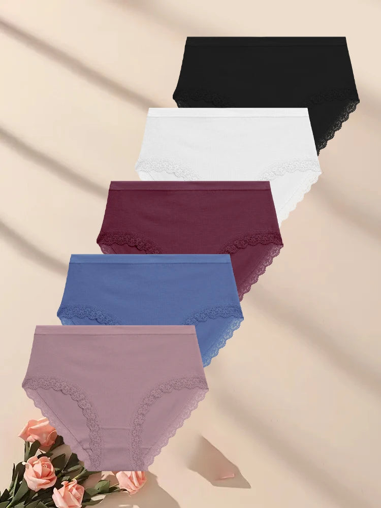 FINETOO 5Pcs Women Cotton Lace Underwear Sexy Seamless Breathable Panties Plus Size Mid-Waist Briefs Female Solid Soft Lingerie