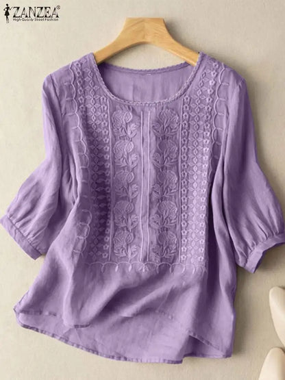 ZANZEA Elegant Women Embroidered Blouses Autumn 2024 3/4 Puff Sleeve Transparent Blusas Mujer Casual Vintage Cotton Shirts Tops.