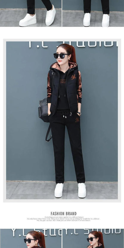 Women's Fashion Plush Thickened Sweat Suit 2025 Autumn Winter New Casual Hooded Tops Waistcoat Pants 3 Three Piece Set For Women.
