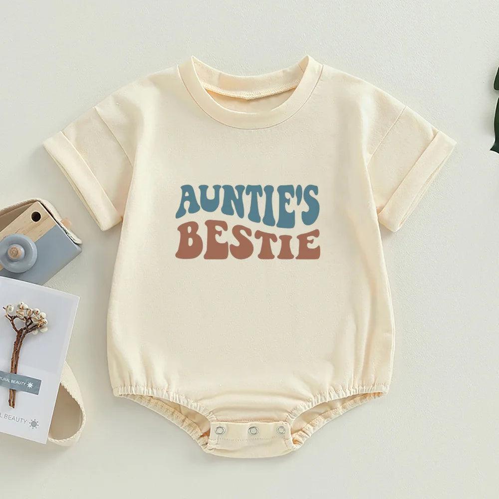 Tante's Little Bestie Bubble Strampler Neugeborenes Baby Mädchen Jungen Kleidung Sommer Kurzarm Rundhalsausschnitt Niedlicher Body Top Outfit.