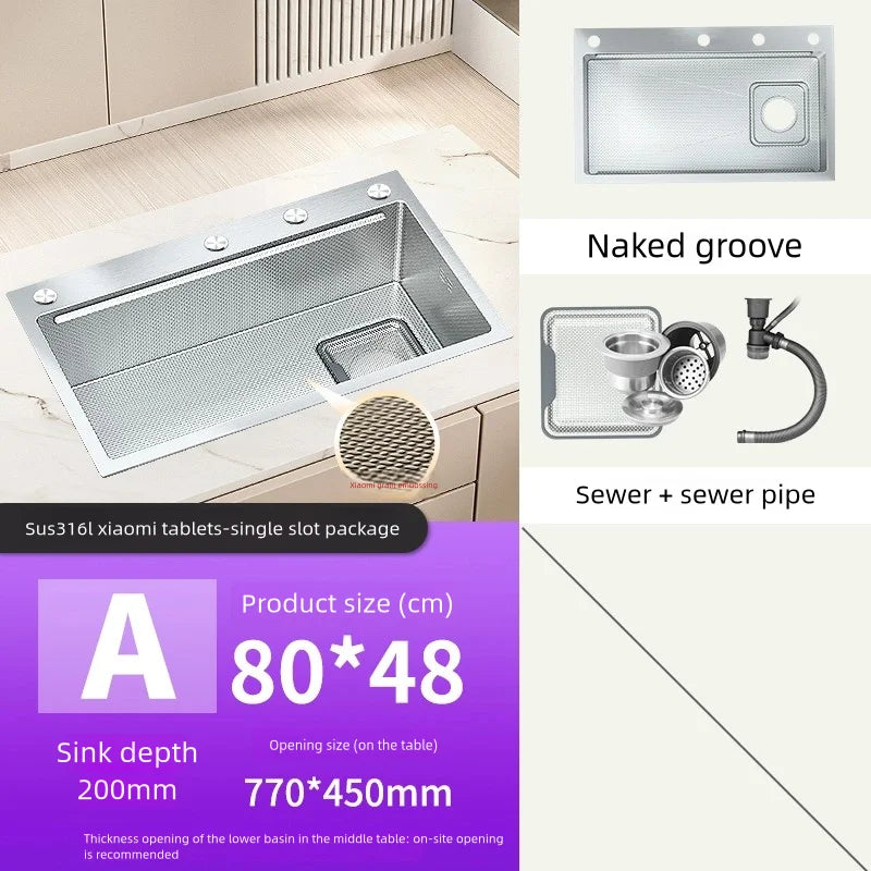 Kitchen Sink 316L Food Grade Stainless Steel Large Single Slot Wash Dish and Wash Vegetable Basin Homeuse Undercounter Bowl